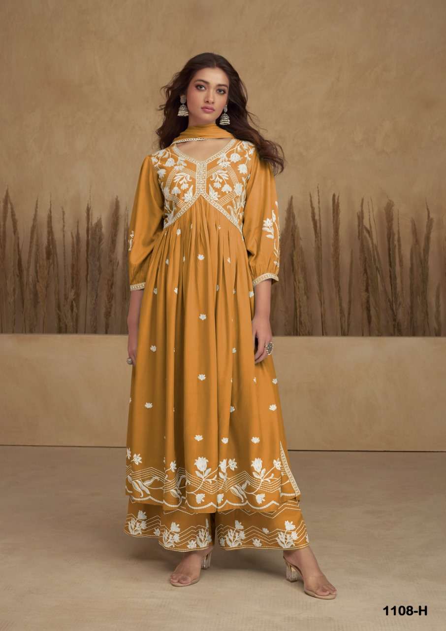 AADHRA VOL 5 SILVER COLOR PURE RAYON LAKHNAWI WORK NAYRA CUT KURTI WITH COTTON PLAZZO AND DUPATTA BY S3FOREVER BRAND 1108 H